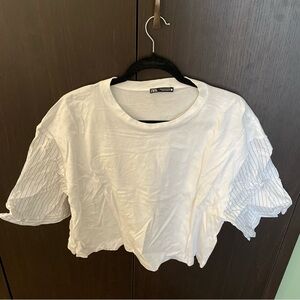 Zara White Blouse with Striped Sleeves